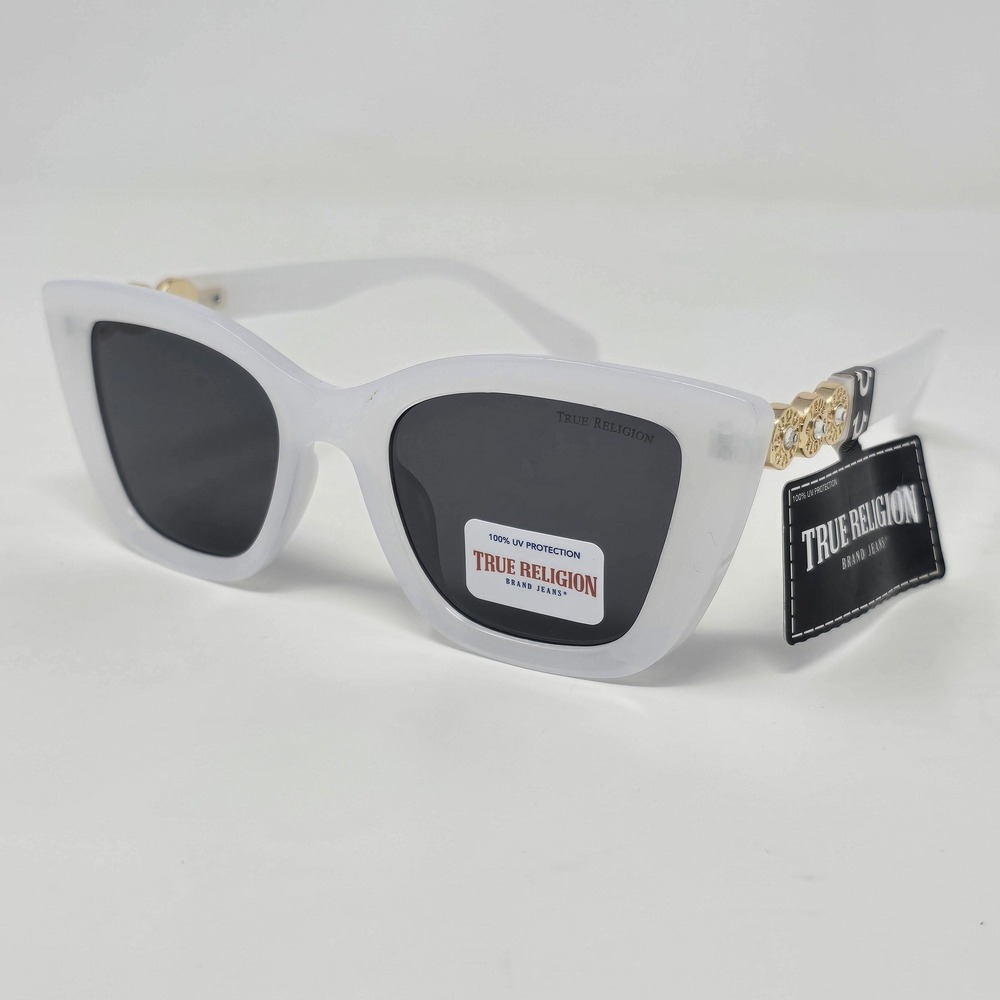 True‎ Religion Sunglasses Womens White Cat Eye Gold Medallion UV Protection